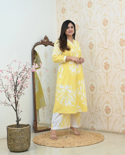 Yellow Floral Print Cotton Kurta Set with Straight Pants